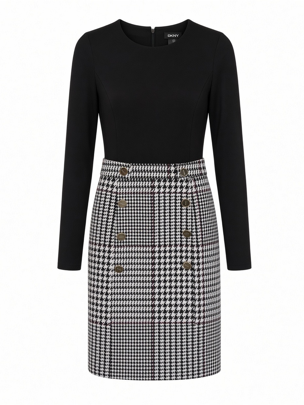 DKNY Black Bodice with Black & White Houndstooth Skirt Long-Sleeve Dress